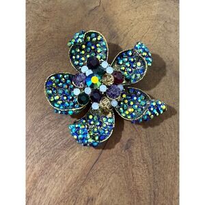 Vintage Style Multi Color AB Rhinestone Flower Brooch Gold Tone Floral Pin